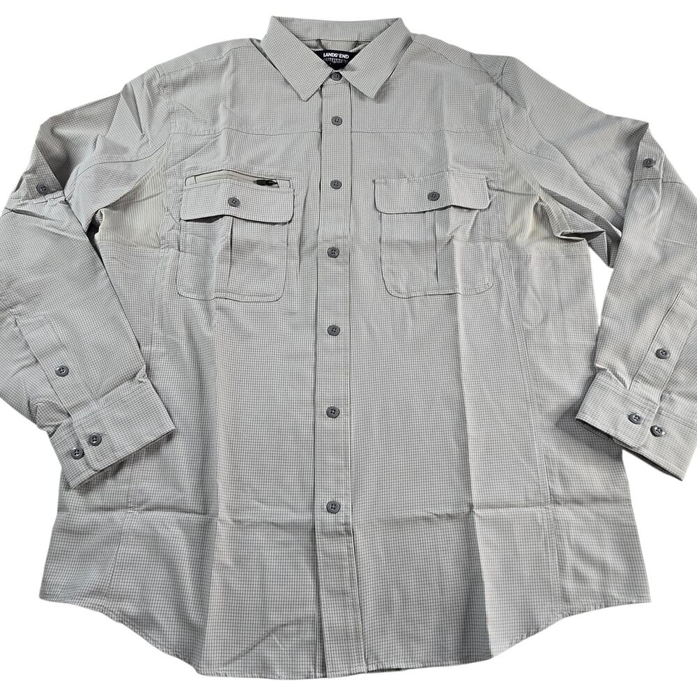 Lands' End Outfitters Mens Large Performance Camp Shirt Gray Button Up NEW